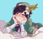  1boy :d arm_support bard beret black_bow black_bowtie black_hair blue_background blue_hair blush bow bowtie braid cape cecilia_flower_(genshin_impact) collared_cape commentary english_commentary flower frilled_sleeves frills genshin_impact gradient_hair green_cape green_eyes green_headwear green_shorts grin half-closed_eyes hat hat_flower head_rest highres hsteetee long_sleeves looking_at_viewer lying male_focus multicolored_hair on_bed on_stomach short_hair_with_long_locks shorts side_braids simple_background smile twin_braids venti_(genshin_impact) white_flower 