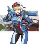  1girl absurdres animification apex_legends armor black_bodysuit blonde_hair blue_bodysuit bodysuit breastplate finger_gun goggles goggles_on_headwear hand_on_own_hip helmet highres looking_at_viewer official_alternate_costume open_mouth pope_(user_vuza2542) smile solo two-tone_bodysuit wattson_(apex_legends) white_headwear wired_for_speed_wattson world&#039;s_edge 