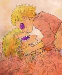  2boys aged_down blonde_hair carrying carrying_person child closed_eyes coat donquixote_doflamingo eyes_visible_through_eyewear feather_coat kiss kissing_forehead lifted_by_self mawari28 multiple_boys one_piece pink_coat pink_shirt purple-tinted_eyewear shirt short_hair smile sunglasses teeth tinted_eyewear white-framed_eyewear 