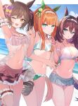  3girls alternate_costume animal_ears aqua_eyes bare_shoulders beach blue_eyes blush breasts brown_hair cleavage collarbone commentary_request cowboy_shot ear_covers ear_ornament garter_straps hair_ornament headband highres hime_cut hiyoko_neneko horse_ears horse_tail looking_at_viewer medium_breasts medium_hair mihono_bourbon_(umamusume) multiple_girls navel nigekiri_sisters_(umamusume) ocean one_eye_closed orange_hair silence_suzuka_(umamusume) silver_hairband small_breasts smart_falcon_(umamusume) swimsuit tail thigh_strap umamusume v yellow_eyes 