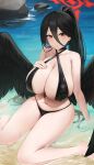  1girl absurdres bare_shoulders bexercube bikini black_bikini black_choker black_feathers black_hair black_wings blue_archive breasts choker cleavage closed_mouth collarbone feathered_wings feathers halo hasumi_(blue_archive) high_ponytail highres huge_breasts low_wings mole mole_under_eye navel red_eyes rock sitting solo stomach swimsuit wariza water wings 