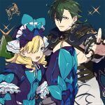  1boy 1girl armor blonde_hair blue_eyes book fire_emblem fire_emblem_engage frills green_hair gregory_(fire_emblem) guttary hair_between_eyes hair_over_one_eye hat hat_ribbon holding holding_book looking_at_viewer madeline_(fire_emblem) open_mouth outstretched_arms red_eyes ribbon short_hair wavy_hair 