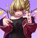  1girl artist_name black_shirt blonde_hair blush collarbone cross cross_earrings crystal_wings drill_hair drill_ponytail ear_piercing earrings facing_viewer fangs flandre_scarlet hair_between_eyes hands_up highres jacket jewelry long_sleeves looking_at_viewer motion_lines nail_polish off-shoulder_jacket off_shoulder open_clothes open_jacket piercing pointy_ears purple_background red_eyes red_jacket red_nails shaded_face shirt short_hair simple_background single_bare_shoulder solo teeth tongue tongue_out tongue_piercing touhou upper_body wide_sleeves wings zakozako_y 