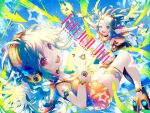  2girls :3 :d arrow_(symbol) black_thighhighs blue_sky breasts chunithm cleavage cloud commentary cross-shaped_pupils cytus dress dual_persona falling feathered_wings feathers freedom_dive full_body green_hair green_wings headphones long_hair looking_at_viewer medium_bangs medium_hair multiple_girls official_art one_eye_closed open_mouth orange_dress orange_footwear pleated_dress red_eyes ryori shoes short_dress single_thighhigh sky sky_feather sleeveless sleeveless_dress small_breasts smile star_(symbol) symbol-shaped_pupils teeth thigh_strap thighhighs upper_teeth_only wind wings 