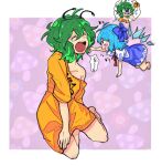  2girls alternate_costume antennae bangs barefoot blue_bow blue_dress blue_eyes blue_hair blush bobotatamu bow breasts cirno closed_eyes commentary_request dress full_body green_hair hair_bow ice ice_wings imagining looking_at_another multiple_girls neck_ribbon off_shoulder open_mouth orange_shirt oversized_clothes pinafore_dress red_ribbon ribbon round_teeth shirt short_hair small_breasts smile teeth touhou twitter_username wings wriggle_nightbug yawning 