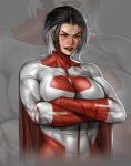  1girl artist_name black_hair blood blood_drip blood_on_clothes blood_on_face blue_eyes bodysuit breasts cape commentary crossed_arms english_commentary genderswap genderswap_(mtf) grey_background hibren highres invincible_(series) large_breasts mature_female multicolored_hair muscular muscular_female omni-man red_bodysuit red_cape serious simple_background solo teeth thick_eyebrows two-tone_bodysuit two-tone_hair white_bodysuit white_eyes zoom_layer 