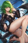  1girl ass barefoot black_dress breasts cloud cloudy_sky collarbone collared_dress covered_nipples curly_hair dress feet green_eyes green_hair highres knee_up legs medium_hair neoartcore one-punch_man paid_reward_available panties patreon_username plunging_neckline sky small_breasts solo tatsumaki toenails toes underwear white_panties wind wind_lift 