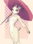  2021 absurd_res animal_crossing anthro asian_clothing blue_clothing blue_kimono blush border breasts cheek_tuft clothing deer dipstick_ears east_asian_clothing eyeshadow facial_tuft female fingerless_(marking) front_view genitals hi_res holding_object holding_umbrella horn japanese japanese_clothing kimono legs_together looking_at_viewer makeup mammal multicolored_ears navel nintendo nipples nude open_mouth pattern_background pink_eyeshadow portrait pussy red_horn ricky945 shino_(animal_crossing) simple_background small_breasts solo standing tan_border three-quarter_portrait three-quarter_view tuft umbrella wagasa yellow_eyes 