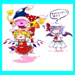  2girls ? ^_^ animal_hands arms_up ascot barefoot bat_wings black_eyes black_wings blonde_hair blue_border blue_gemstone blue_hair blue_headwear blush border bow bowtie brown_footwear buttons claws closed_eyes closed_mouth collared_shirt colored_skin commentary_request crossover crystal_wings fang flandre_scarlet flying frilled_hat frilled_shirt frilled_shirt_collar frilled_skirt frills fur-trimmed_headwear fur_trim gem hands_on_headwear hat hat_bow heart jester_cap kirby_(series) light_blue_hair light_frown lying marx_(kirby) medium_skirt mob_cap multiple_girls on_stomach open_mouth pleated_skirt polka_dot_headwear pom_pom_(clothes) puffy_short_sleeves puffy_sleeves purple_skin red_ascot red_bow red_bowtie red_headwear red_skirt red_vest remilia_scarlet ribbon-trimmed_headwear ribbon-trimmed_sleeves ribbon_trim shadow shirt shirushiki shoes short_hair short_sleeves siblings side_ponytail sisters sitting sitting_on_head sitting_on_person skipping skirt skirt_set smile speech_bubble sweatdrop touhou translation_request two-tone_headwear v-shaped_eyebrows vest white_background white_footwear white_headwear white_shirt white_skirt wings yellow_ascot yellow_wings 