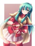  1girl aqua_hair armor boots breastplate cape cowboy_shot eirika_(fire_emblem) fingerless_gloves fire_emblem fire_emblem:_the_sacred_stones gloves green_eyes hair_between_eyes highres holding holding_sword holding_weapon long_hair looking_at_viewer minamonochaba red_gloves red_shirt shirt short_sleeves shoulder_armor sidelocks skirt smile solo sword thigh_boots weapon white_skirt 