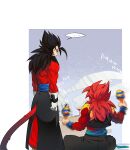  black_hair blue_eyes blue_sash blue_wristband closed_mouth dougi dragon_ball dragon_ball_heroes earrings gloves gogeta gogeta_(xeno) jewelry long_hair male_focus metamoran_vest monkey_boy monkey_tail multiple_boys muscular muscular_male ommmyoh pants potara_earrings red_fur saiyan sash spiked_hair super_saiyan super_saiyan_4 tail time_patrol_(dragon_ball) twitter_username vegetto vegetto_(xeno) 