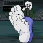  5_toes anthro asriel_dreemurr asriel_dreemurr_(god_form) bovid caprine clothed clothing dragotrashcan duo feet foot_fetish foot_focus foot_play fur goat humanoid_feet male male/male mammal micro monster plantigrade sitting size_difference soles stuck_to_foot text toes undertale undertale_(series) white_body white_fur 