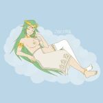  absurdres asymmetrical_legwear barefoot breasts closed_eyes feet green_hair highres kid_icarus legs long_hair palutena resting self-upload taiyouarashi toes topless 