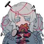  1girl character_doll chibi closed_mouth coat dante_(limbus_company) e.g.o_(project_moon) faust_(project_moon) highres ivy_(675671) limbus_company long_sleeves nail project_moon shirt short_hair simple_background solo tears upper_body white_background white_hair 