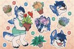  3:2 anthro arm_tuft black_nose black_pawpads blue_body blue_eyes blue_feathers blue_fur blue_hair canid clothed clothing elbow_tuft eyes_closed feathers female fur glistening glistening_eyes hair holding_object mammal open_mouth open_smile overalls pattern_clothing pawpads plant plant_pot potted_plant seraphictiger shoulder_tuft smile solo standing tuft white_body white_fur 