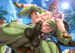  1boy 1girl breasts colored_skin full_nelson ganondorf gerudo grin harem_outfit implied_rape large_penis long_hair manomarino medium_breasts muscular penis public_use scared sex size_difference smile the_legend_of_zelda the_legend_of_zelda:_tears_of_the_kingdom veins veiny_penis 