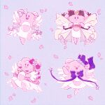  :d absurdres blissey bow closed_eyes closed_mouth commentary_request egg fukkatsu_no_maya highres multiple_views no_humans open_mouth parted_lips petals pokemon pokemon_(creature) purple_bow smile u_u 