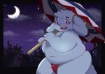  2023 absurd_res anthro belly big_belly blue_body blush bulge clothing detailed_background hi_res humanoid_hands inaba_(tamacolle) kemono kusosensei lagomorph leporid male mammal moon navel night outside overweight overweight_male rabbit solo tamacolle underwear 