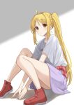 1girl ahoge arms_between_legs belt blonde_hair bocchi_the_rock! expressionless gradient_background grey_background grey_shirt highres ijichi_nijika kanaria_hisagi knees_to_chest long_hair looking_at_viewer purple_skirt red_eyes red_footwear shirt side_ponytail sidelocks simple_background sitting skirt solo thighhighs white_background wide_sleeves 