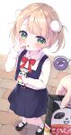  1girl 1other absurdres bad_anatomy black_footwear blonde_hair blue_dress blush bow collared_shirt commentary_request dress eating food food_on_face green_eyes highres holding holding_food indie_virtual_youtuber long_sleeves looking_at_viewer masaki_(msk064) out_of_frame parted_lips pinafore_dress pleated_dress puffy_long_sleeves puffy_sleeves red_bow shigure_ui_(vtuber) shirt shoes short_twintails sleeveless sleeveless_dress sleeves_past_wrists socks solo_focus twintails virtual_youtuber white_background white_shirt white_socks 