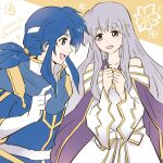  1boy 1girl blue_eyes blue_hair brother_and_sister circlet dress fire_emblem fire_emblem:_genealogy_of_the_holy_war headband highres julia_(fire_emblem) long_hair looking_at_another open_mouth ponytail purple_eyes purple_hair seliph_(fire_emblem) siblings simple_background te1nachi white_headband 