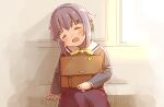  1girl arm_support blush bow briefcase brown_skirt closed_eyes commentary_request drooling facing_viewer grey_hair grey_jacket hair_flaps hair_intakes idolmaster idolmaster_cinderella_girls jacket koshimizu_sachiko long_sleeves open_mouth saliva school_briefcase sitting skirt sleeping sleeping_upright solo sunlight train_interior yellow_bow yukie_(kusaka_shi) 