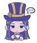  ... 1girl blush caitlyn_(league_of_legends) cropped_torso cup hat highres holding holding_cup league_of_legends long_hair multicolored_clothes multicolored_headwear purple_headwear ruan_chen_yue simple_background solo spoken_ellipsis sweatdrop teacup top_hat transparent_background 