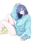  1girl absurdres arm_up blue_hair blue_shirt blush commentary_request green_eyes highres knee_up kurokawa_akane long_sleeves looking_at_viewer medium_hair miuna_(498475051) nike open_mouth oshi_no_ko oversized_clothes oversized_shirt reclining shirt shoes simple_background sleeves_past_wrists smile solo thighs white_background yellow_footwear 