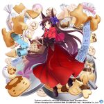  1girl animal_ears bag black_shirt blue_bow bow brown_eyes brown_hair capelet commentary copyright_name cosplay english_commentary food fortune_cookie_(food) full_body game_cg hair_bow imaizumi_kagerou imaizumi_kagerou_(have_an_animal_cookie) long_hair long_skirt long_sleeves looking_at_viewer picnic_basket red_capelet red_skirt rotte_(1109) sekibanki sekibanki_(cosplay) shirt skirt solo third-party_source touhou touhou_lost_word translation_request very_long_hair wolf_ears wolf_girl 