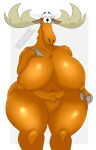  absurd_res anthro antlers becky_(johnny_bravo) big_breasts black_eyes breasts brown_body brown_fur deer eyelashes featureless_crotch female fur grey_background hand_on_chest hi_res horn huge_breasts johnny_bravo_(series) mammal moose navel new_world_deer nipple_outline simple_background slightly_chubby solo thick_thighs trifuson white_background wide_hips 