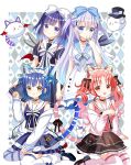  4girls absurdres blue_eyes blue_hair cat_girl dress frilled_dress frills fuiba_fuyu gochuumon_wa_usagi_desu_ka? highres jacket jouga_maya kafuu_chino long_hair multiple_girls natsu_megumi open_clothes open_jacket red_eyes red_hair ryoutan short_hair thighhighs tippy_(gochiusa) white_thighhighs yellow_eyes 