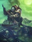  adeptus_astartes armor blowing_smoke breastplate chaos_(warhammer) cloak couter cowboy_shot crotch_plate cuirass cuisses death_guard demon_primarch fumes gauntlets gold_trim green_armor green_sky grohgrog helm helmet highres holding holding_scythe hood hooded_cloak insect_wings leg_armor male_focus mortarion outdoors pauldrons poleyn power_armor primarch rebreather rerebrace respirator scythe shoulder_armor silence_(weapon) skull smokestack spikes warhammer_40k wings 
