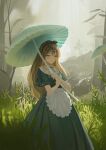  1girl alice_(alice_in_wonderland) alice_in_wonderland blonde_hair bow dress hair_bow hairband highres holding long_dress long_hair nature outdoors parted_lips pleated_dress ribbon short_sleeves solo wakuseiy 