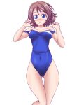 1girl :o ass_visible_through_thighs blue_eyes blue_one-piece_swimsuit blush breasts brown_hair commentary_request covered_navel kikuchi_tsutomu looking_at_viewer love_live! love_live!_sunshine!! medium_breasts off_shoulder one-piece_swimsuit open_mouth short_hair simple_background solo standing swimsuit thigh_gap w_arms watanabe_you wet white_background 