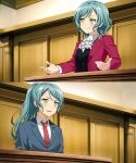  2girls ace_attorney aqua_hair ascot bang_dream! blue_jacket bow braid buttons commentary cosplay courtroom english_commentary fries_vanquisher green_eyes highres hikawa_hina hikawa_sayo indoors jacket lapel_pin long_hair miles_edgeworth miles_edgeworth_(cosplay) multiple_girls necktie nervous_sweating parody phoenix_wright phoenix_wright_(cosplay) ponytail rectangular_mouth red_jacket red_necktie shirt short_hair siblings side_braids sisters smirk smug sweat table twin_braids twins upper_body waistcoat white_shirt 