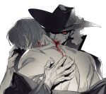  2boys alternate_eye_color back biting blood blood_from_mouth blood_on_face couple dracule_mihawk fangs from_behind glowing glowing_eye greyscale hand_on_another&#039;s_back head_on_another&#039;s_shoulder head_rest highres looking_at_viewer male_focus monochrome multiple_boys neck_biting one_piece red_eyes shanks_(one_piece) short_hair spot_color toned toned_male upper_body vampire veins veiny_hands yaoi yji59128254 