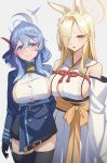  2girls ako_(blue_archive) animal_ears bell blonde_hair blue_archive blue_eyes blue_hair breasts closed_mouth cowbell fox_ears garter_straps hair_over_one_eye hairband hakama halo highres japanese_clothes kaho_(blue_archive) large_breasts long_hair medium_hair mole mole_under_mouth multiple_girls neck_bell obi open_mouth reulem sash short_eyebrows sidelocks straight_hair thick_eyebrows thighhighs thighs v-shaped_eyebrows white_hakama yellow_eyes zettai_ryouiki 