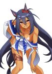  absurdres animal_ears bare_shoulders black_hair blush breasts cleavage commentary_request dark-skinned_female dark_skin ear_scrunchie feet_out_of_frame grin hair_between_eyes hair_ornament hairclip highres hishi_amazon_(umamusume) horse_ears horse_girl horse_tail large_breasts long_hair looking_at_viewer no_bra off-shoulder_shirt off_shoulder red_eyes senchan_7 shirt simple_background smile tail tan tanlines thigh_strap umamusume v-shaped_eyebrows white_background white_shirt 