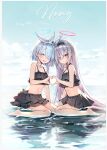  2girls aqua_eyes arona_(blue_archive) barefoot bikini bikini_skirt black_bikini black_choker black_hairband blue_archive blue_eyes blue_hair blue_halo blush braid breasts choker cloud cloudy_sky collarbone colored_inner_hair criss-cross_halter feet full_body grey_choker grey_eyes grey_hair hair_between_eyes hair_over_one_eye hair_ribbon hairband halo halterneck heart heart_hands heart_hands_duo highres legs long_hair looking_at_viewer midriff multicolored_hair multiple_girls navel on_ground open_mouth outdoors partially_submerged picter pink_hair pink_halo plana_(blue_archive) purple_hair ribbon shadow sitting sky small_breasts soles swimsuit thighs toes very_long_hair wariza water white_ribbon 