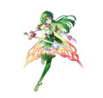  1girl bangs breasts cleavage dress elbow_gloves fire_emblem fire_emblem:_mystery_of_the_emblem fire_emblem:_shadow_dragon fire_emblem_heroes full_body gloves green_eyes green_hair highres long_hair medium_breasts official_alternate_costume palla_(fire_emblem) solo thighhighs weapon 