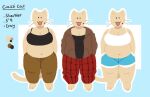  2023 anthro barefoot beady_eyes belly belly_overhang big_belly big_breasts black_bra black_clothing black_shirt black_topwear black_underwear blue_bottomwear blue_clothing blue_shorts bottomwear bra breasts brown_bottomwear brown_clothing brown_hoodie brown_pants brown_topwear cassicat cleavage clothed clothing domestic_cat english_text feet felid feline felis female front_view fully_clothed fur hand_in_pocket happy hoodie looking_at_viewer mammal markings model_sheet mole_(marking) navel open_:3 open_clothing open_hoodie open_mouth open_topwear overweight overweight_anthro overweight_female pants pockets pronouns red_bottomwear red_clothing red_pants shirt shorts solo standing tail tan_body tan_fur text topwear trans_(lore) trans_woman_(lore) underwear whiskers white_bra white_clothing white_underwear 