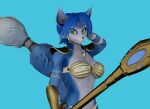  2023 3d_(artwork) absurd_res anthro armor blue_body bottomwear bra breasts canid canine clothing collar digital_media_(artwork) female fox fur green_eyes hi_res krystal krystal&#039;s_staff loincloth mammal multicolored_body nintendo simple_background solo star_fox tail underwear 