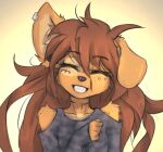  2023 anthro apogee_(tinygaypirate) breasts canid canine canis clothed clothing digital_media_(artwork) domestic_dog eyes_closed female female_anthro floppy_ears fur hair happy hi_res icon kemono long_hair mammal piercing portrait reaction_image small_breasts smile smiling_at_viewer solo spitz tattoo teeth tinygaypirate 