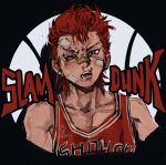  1boy bandage_on_face bandages bandaid bandaid_on_face bandaid_on_nose basketball_uniform black_background blood english_text grey_eyes groongloon highres looking_at_viewer male_focus nosebleed open_mouth red_hair sakuragi_hanamichi shadow sharp_teeth signature slam_dunk_(series) sportswear teeth 