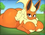  2023 absurd_res anthro big_breasts big_butt black_eyes black_eyewear black_glasses black_nose blonde_hair breasts butt canid canine eeveelution eyewear eyewear_only female flareon front_view frown fur generation_1_pokemon glasses glasses_only hair hi_res huge_breasts huge_butt huge_thighs hyper hyper_butt looking_at_viewer lying mammal miso_souperstar nintendo nude on_front on_grass outside plant pokemon pokemon_(species) solo thick_thighs tree yellow_body yellow_fur 