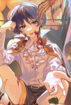  1boy alternate_costume bishounen blood blood_on_face chencuya genshin_impact halloween halloween_costume highres male_focus open_mouth purple_eyes purple_hair scaramouche_(genshin_impact) shirt shorts smile solo white_shirt 