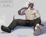  1boy absurdres bara black_socks bulge clothes_pull commission covered_nipples dragon_(any) dragon_boy dragon_ears food_focus full_body furry furry_male highres large_pectorals looking_at_viewer male_focus muscular muscular_male original pectorals red_hair see-through shan_yao_jun shirt shirt_pull short_hair single_sock socks solo spread_legs sweaty_clothes sweaty_foot thick_eyebrows wet wet_clothes wet_shirt 