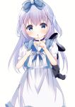  1girl bag blue_bow blue_eyes blue_hair bow dress gochuumon_wa_usagi_desu_ka? hair_ornament highres kafuu_chino rabbit school_bag shiera_0 white_background white_dress x_hair_ornament 