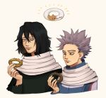  2boys bags_under_eyes black_hair boku_no_hero_academia closed_mouth cropped_torso doughnut eraser_head_(boku_no_hero_academia) facial_hair fingernails food grey_scarf holding holding_food looking_at_food male_focus multiple_boys mustache purple_hair rnuyvm scar scar_on_face scarf shinsou_hitoshi short_hair simple_background sparse_stubble spiked_hair white_background 