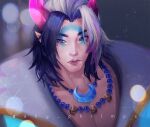  1boy aphelios artist_name bead_necklace beads black_hair closed_mouth crescent_necklace facial_mark grey_hair jewelry league_of_legends male_focus mole mole_under_eye necklace official_alternate_costume pink_horns pointy_ears portrait shy_louise solo spirit_blossom_aphelios 